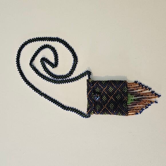 Vintage Artisan Fringed Tribal Seed Bead Necklace Pouch Diamond Pattern - Picture 5 of 11